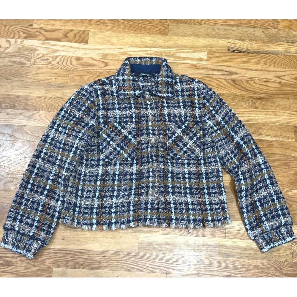 Charlie B Womens Navy Plaid Tweed Button Up Shacket Fringe Hem Size M